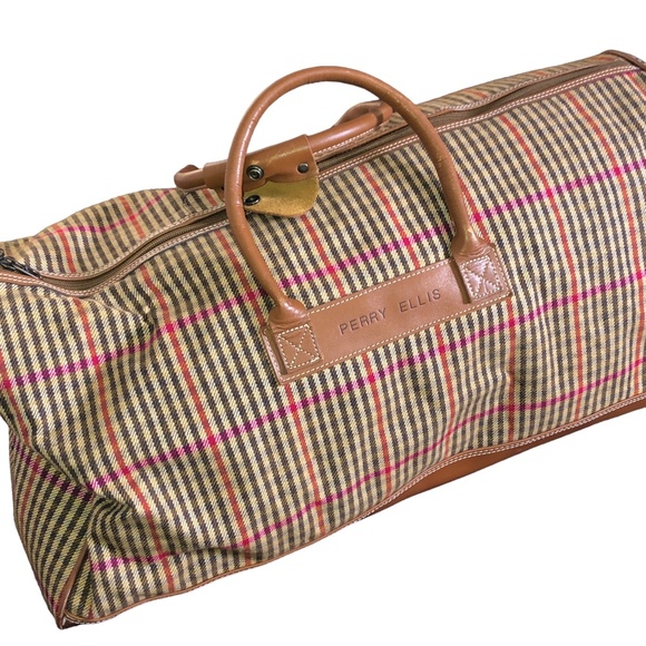 Vintage Perry Ellis Brown Plaid Carry On Weekender Travel Duffel Bag - Picture 11 of 17